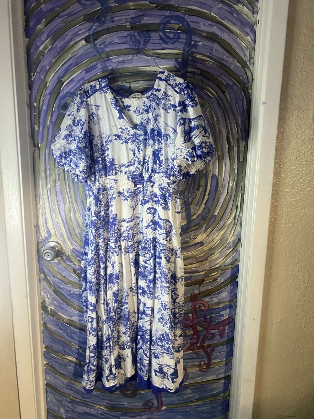 Umgee Blue and White Printed Midi Dress